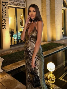2024 Bazaleas Store Официална златна фолио дълга рокля Секси без гръб парти рокли Жена Елегантен цвете Chocker Макси рокля