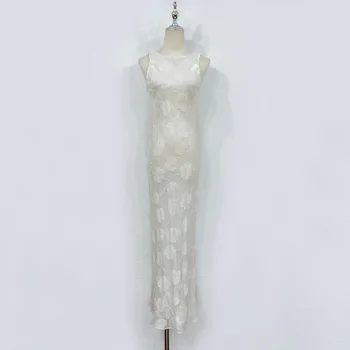 2024 Лятна дамска европейска бяла копринена кадифена рокля с розов принт Празнична рокля без ръкави