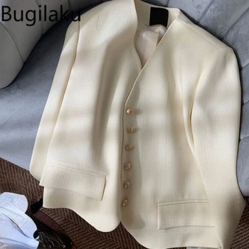 Bugilaku Висококачествени якета в плътен цвят Основи на женския темперамент Връхни дрехи за всички мачове Женски V-образно деколте еднореден Loose палта