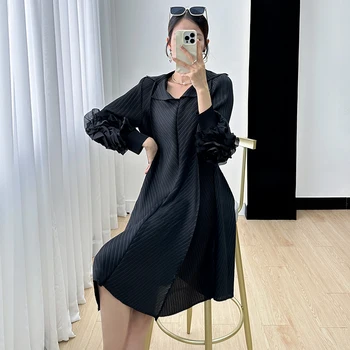 Miyake външнотърговска рокля женска есен 2023 нова плисирана мода с дълъг ръкав триизмерен цветен темперамент дълга пола