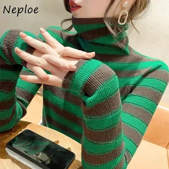 Neploe Корейски модни пуловери с поло на райета 2024 Есен Нови Slim Fit върхове жени Y2k E-момиче дълъг ръкав плетен пуловер