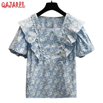 Summer Blue Floral Chiffon Ruffled Square Collar Blouses Women Fashion Light Casual Top Shirts 2023 Корейска елегантна риза Bodycon