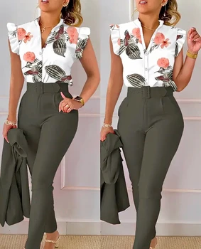 Дамски летни разрошени ръкави печат блуза риза отгоре и молив панталони с колан 2023 мода офис дама две 2 парче комплект