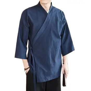 Плюс размер Мъжка ежедневна блуза Памучна ленена риза дълъг ръкав дантела нагоре Жилетка есен случайни красив риза 5XL япония кимоно мъже