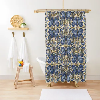 Синьо, жълто & крем Paisley модел душ завеса покритие водоустойчива вана и анти-мухъл завеса