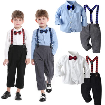 1-6 години джентълмен стил пролет есен момчета облекло комплект Hndsome папийонка дълъг ръкав риза + гащеризони 2бр костюм за деца
