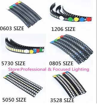 100pcs=5colors x 20pcs 0402 5050 5730 1206 0805 0603 2835 LED диоден асортимент SMD LED диоден комплект зелен / червен / бял / син / жълт