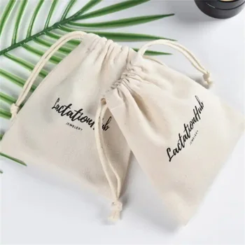 100Pcs / Lot на едро двойна низ памук платно шнур чанта отпечатани лого трайни плат персонализирани име торбичка опаковки чанти
