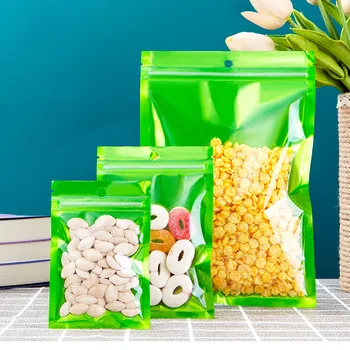 100Pcs зелено алуминиево фолио Zip заключване чанти Бижута Опаковки за храни Чанти за подаръци Торбички за съхранение Запечатващи се плоски цип пластмасови торбички