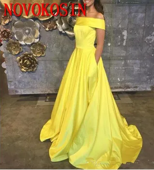 2019 Елегантни вечерни рокли с дълги жълти A-Line официална абитуриентска рокля с джобове по поръчка евтини халати de fete