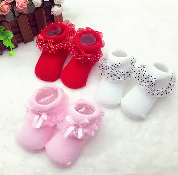 2019 Чисто новородено бебе деца бебе момичета 0-12M дантела разрошени памучни чорапи точки Bowknot дантела топло накъдрен чорап 3 цвята