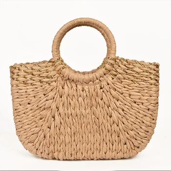 2020 Нова морска ваканционна сламена чанта златна нишка смесена дръжка от мъниста кръгла кофа чанта жена плажна чанта