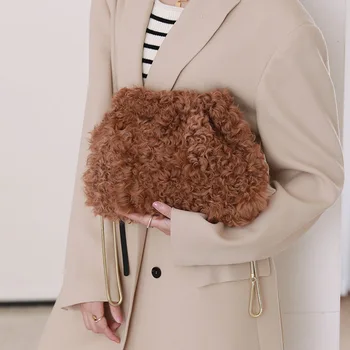 2021 Нов дизайн Real агнешка кожа чанта с колан за дами мода елегантен стил естествена вълна чанта за момичета S8896