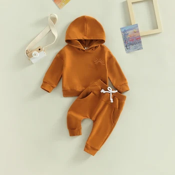 2022 Бебе бебе есенни дрехи 2бр комплект писмо/слънце печат дълъг ръкав качулка пуловер + ластик плътен цвят дълги панталони костюм