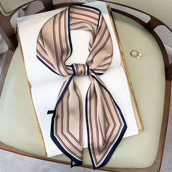 2022 Луксозен раиран печат копринен шал жени двойно малък шал обвързване лента за коса женски пролет тесни дълги шалове дами