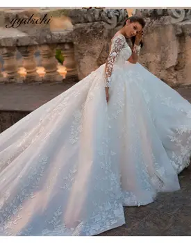 2023 Бяла принцеса дълги ръкави сватбени рокли за жени тюл апликации дантела елегантен булчински топка рокля лукс vestido де новия