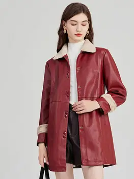 2023 Есен Зима Мода Нов червен ревера кадифе кожено яке Дамски средно дълги дебели дрехи хлабав топло Pu палто универсален