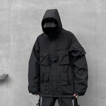 2023 Есен Корейски стил Персонализирани мулти джобове дизайн качулка товарни якета мъже случайни хлабав инструментална екипировка якета палто мъже,M-XXL
