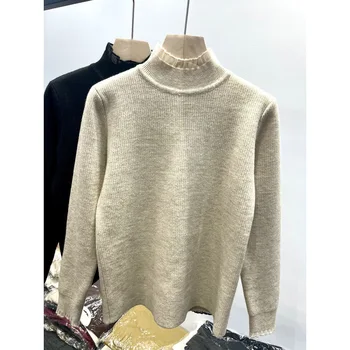 2023 Жените есен/зима дантела ръб едно парче плюшени плетени подложка риза, половин висока яка плюшени удебелени пуловер модни върхове