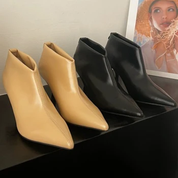 2023 Зимни луксозни дамски висококачествени боти до глезена 6 см тънки високи токчета обувки на шило заострени пръсти ниски токчета къси ботуши обувки