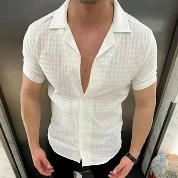 2023 Мъжка горна лятна риза Поло яка тениска с къс ръкав дишаща тънка кройка с къс ръкав мъжка риза