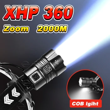 2023 Най-новият мощен фар XHP360 Led фар 18650 акумулаторен фар с кочан светлина риболов главата факел къмпинг фенер