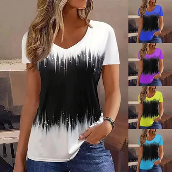 2023 Нова тениска с 3D градиентен печат Лятна ежедневна мода Къс ръкав Loose Top тениска облекло Дамски секси пуловер с V-образно деколте