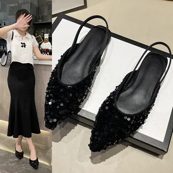 2023 Нови дамски обувки Заострени сандали с нисък ток Малък аромат Пайети Плътен цвят Baotou сандали