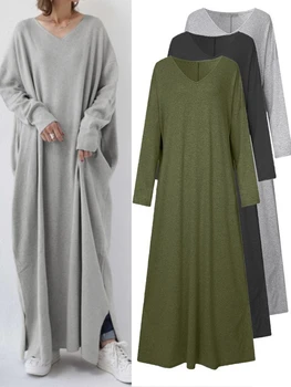2023 Случайни есен зима жени рокля плътен цвят секси A-линия V врата марокански кафтан роба ислямски дълги рокли