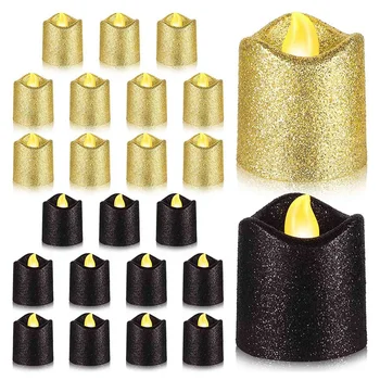 24 опаковки Златни оброчни свещи без пламък Черен блясък LED чаени светлини Работещи с батерии чаени светлини Топло жълт държач за светлина