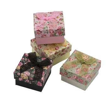 24pcs подаръчна кутия 5x5x3cm пръстен кутия цвете patternn хартия обеци опаковка бижута кутия панделка и гъба черно/розово/зелено/жълто