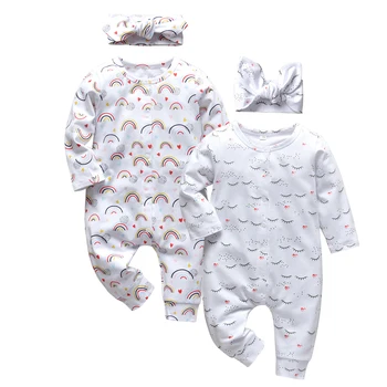 2Pcs новородено бебе бебе момичета пролет & есен дрехи модел отпечатани памук дълъг ръкав гащеризон + лента за глава малко дете облекло