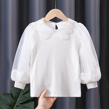3-12 години пролет есен малко дете тийнейджър момичета памучна блуза бяла лък дантела дълъг ръкав ризи деца пуловер върховете детски дрехи