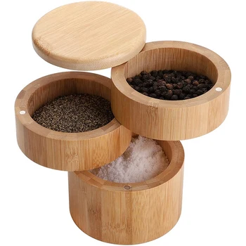 3 нива бамбукова солна кутия, бамбукова кутия за подправки с магнитен въртящ се капак за сол, подправки, подправки, кутия за пипер с капак