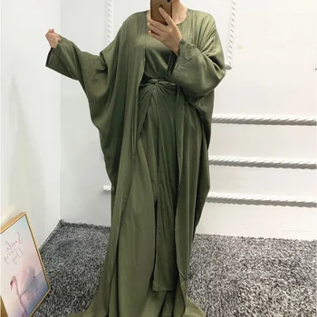 3 парче съвпадение комплект жени мюсюлмански бельо Дубай арабски скромен костюм обикновен кимоно отворен Abaya Макси рокля обвивка фронт пола дълго Eid