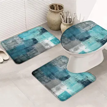 3 парчета килим за баня комплект тоалетна седалка капак тюркоаз и сиво абстрактно изкуство живопис Teal печат контур килим, пиедестал мат и тоалетна