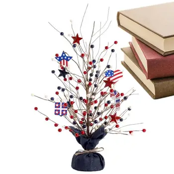 4 юли Изкуствена елха маса декорации изкуствено дърво със звезда и червени плодове за Деня на независимостта за многократна употреба 4th на юли