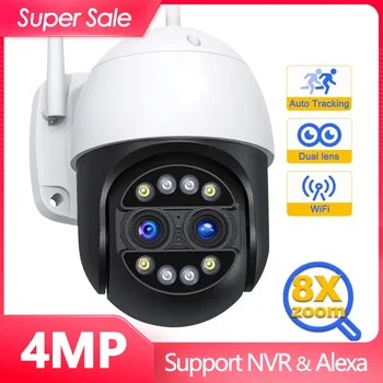 4K 8MP WiFi IP камера 8X Zoom Външен двоен обектив PTZ камера за сигурност AI Автоматично проследяване 2K 4MP HD CCTV видеонаблюдение Alexa NVR