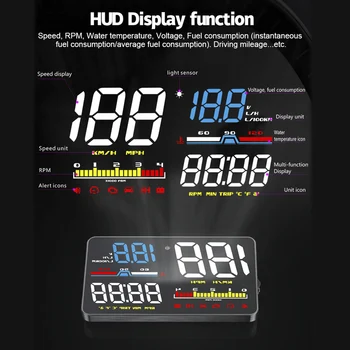 5 инчов HUD D5000 дисплей за главата на автомобила OBD2 диагностичен инструмент Проектор на екрана на предното стъкло Цифров скоростомер за аларма за сигурност