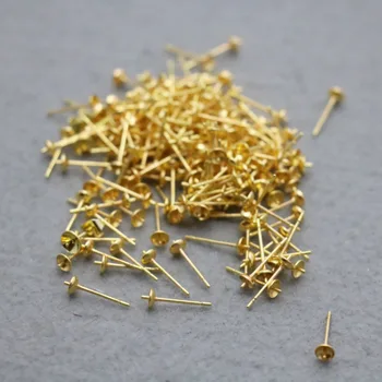 50PCS Златни цветни шипове Обеци Игла притежател орнаменти Фитинги за аксесоар DIY обработка на метални части щифтове злато цвят 14 * 4MM