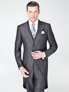 5Pieces (яке + панталон + вратовръзка + жилетка + носна кърпа)Peaked ревера сив фрак мъже костюм тънък годни костюм homme брак мода блейзър мъже