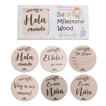 6 бр/комплект ръчно изработени бебешки картички за важни събития Новородено Месечни записващи карти Писма на испански език Оставя печат Фотокартички Бебета