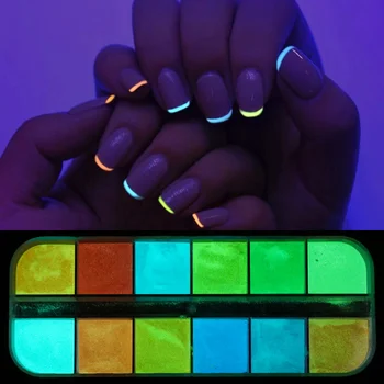 6 или 12 решетки / комплект флуоресцентен блясък на ноктите прах неон фосфор ултрафин светлинен пигмент нокти изкуство прах светят в тъмното LAYS-1