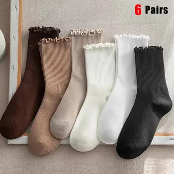 6 чифта/лот разрошени чорапи със средна дължина Дамски дишащ плътен цвят комплект пролет и есен комфорт пот-абсорбиращи момичета