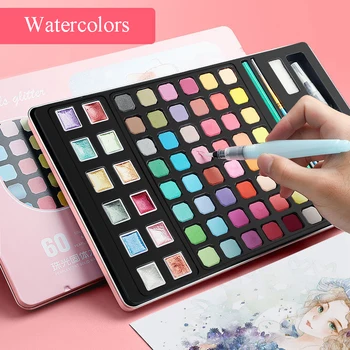 60color Solid Watercolor Pearlescent Paint Set Portable Metal Box Pigment Beginner Artist Professional Drawing Tool Art Supplies