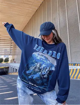 90s реколта синьо сива врана жени Y2K ретро Harajuku хип-хоп графичен печат пуловер суитчър