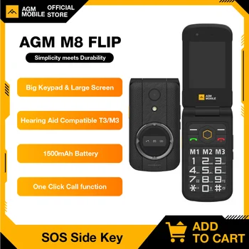 AGM M8 Flip мобилен телефон отключен възрастен телефон функция SOS бързо повикване английски руски клавиатура здрав мобилен телефон