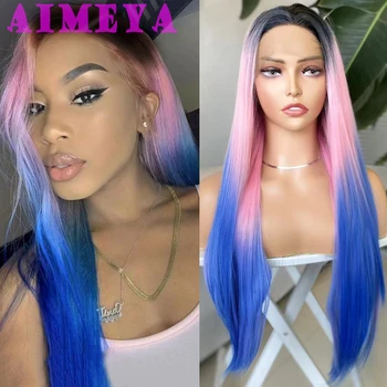 AIMEYA Ombre Blue синтетична дантела предни перуки за жени тъмни корени розова синя перука дълга копринена права цветна перука Ombre розова перука