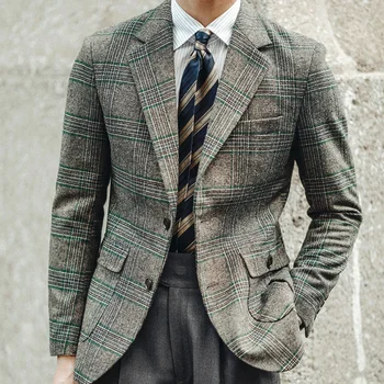 Americana Hombre Wool Blend Suit Mens Business Versatile Luxury Casual Chaqueta Hombre Официално палто Мода Tweed Blazers Men