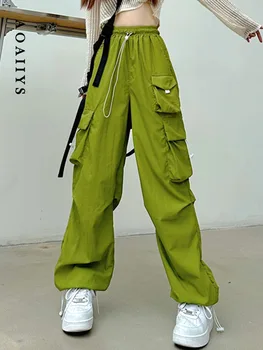 Aoaiiys Зелени карго панталони жени 2023 пролет есен дизайнер шнур случайни моп панталони ластик твърди широк крак streetwear